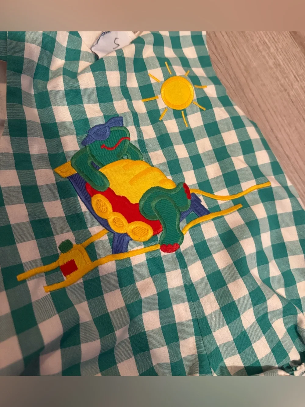 Kelly's Kids Green Gingham Baby Romper with Frog & Sun Applique